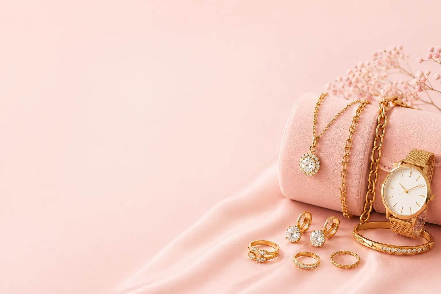 Gold jewellery arranged on blush-pink satin