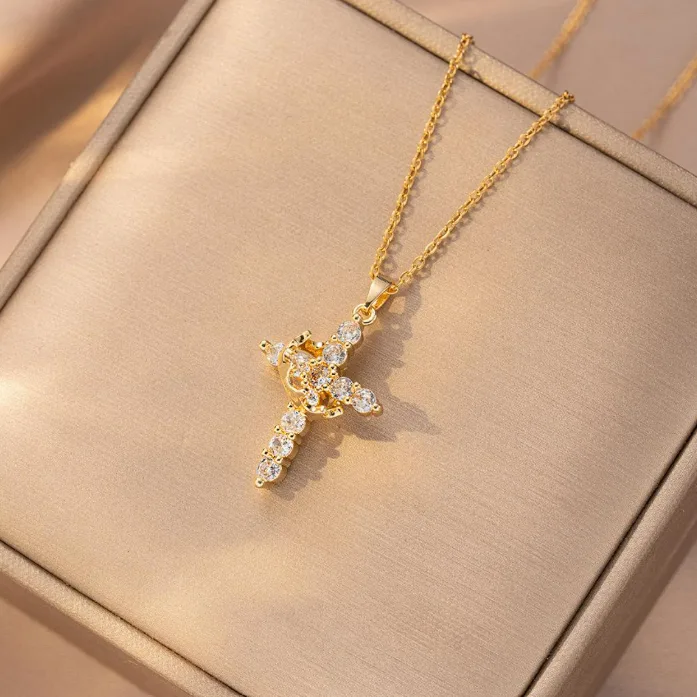 Necklace - Stainless Steel cross & crown