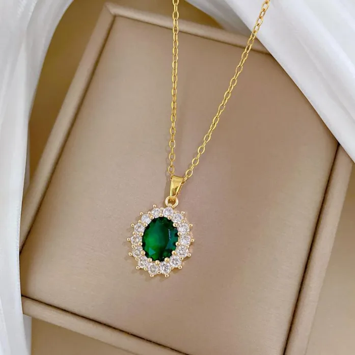 Necklace - Stainless Steel emerald pendant